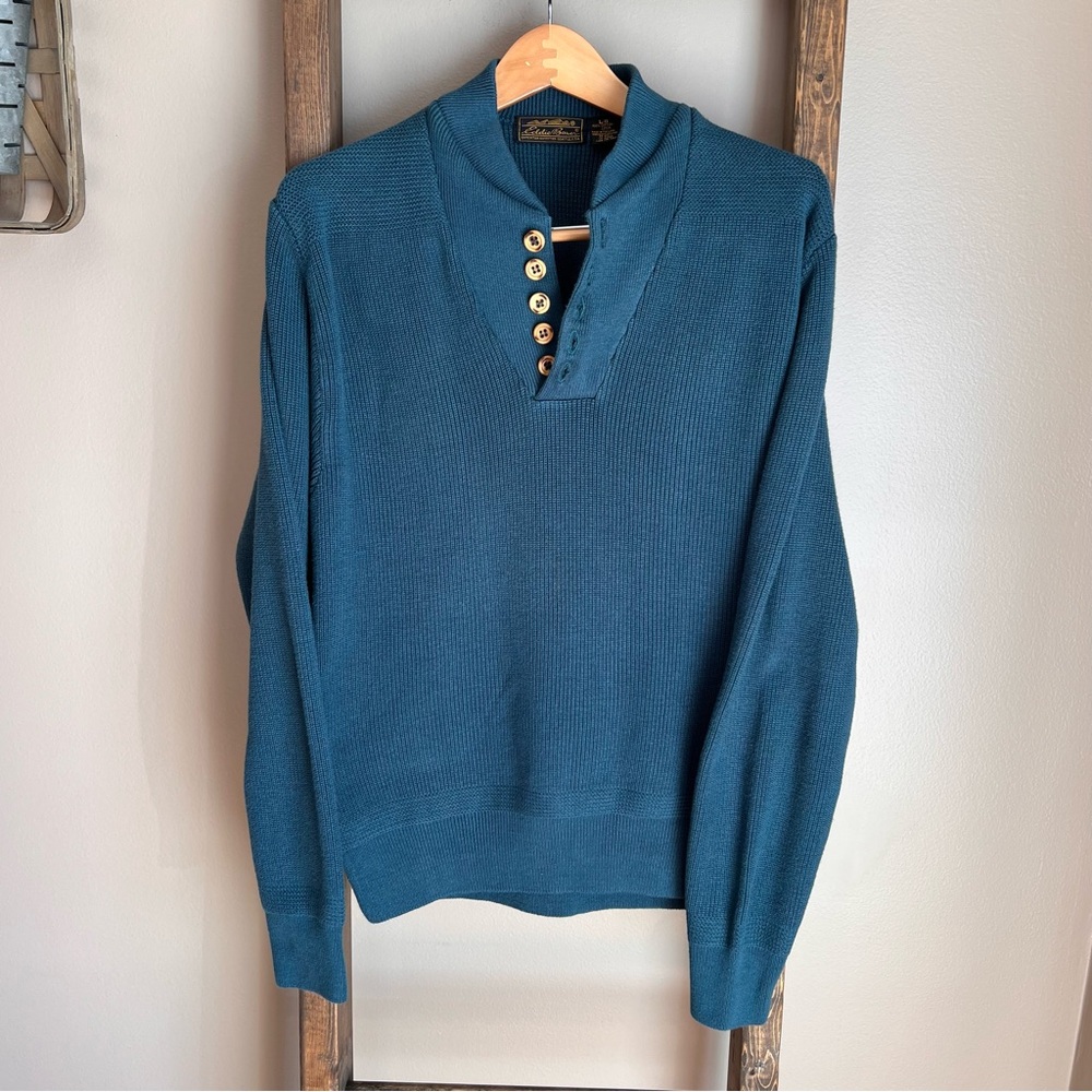 Vintage Eddie Bauer Black Tag Teal Button V Neck Sweater